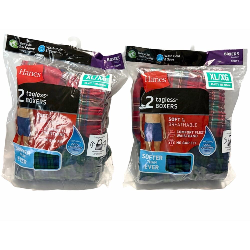 Hanes Mens XL Tagless Plaid Boxers Comfort Flex Waistband 2-Pack 4 Pairs Total